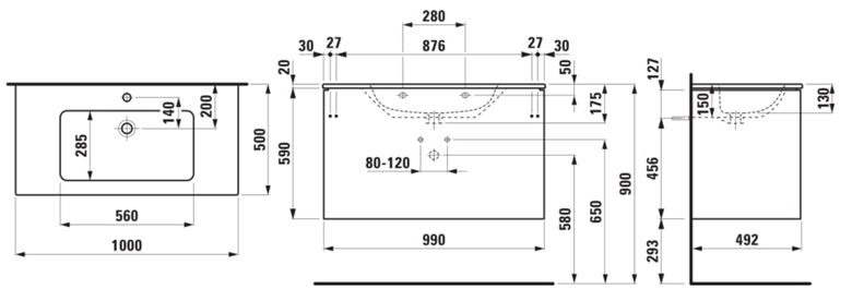 LAUFEN PRO S skrinka s umývadlom 100x50x61 cm, 2 zásuvky, Push-open, s organizérom, lesklá biela H8649622611041 Technický nákres