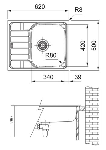 FRANKE SPARK SKN 611-62 nerezový drez 620x500 mm, otočný, odkvapkávač 101.0712.159 Technický nákres