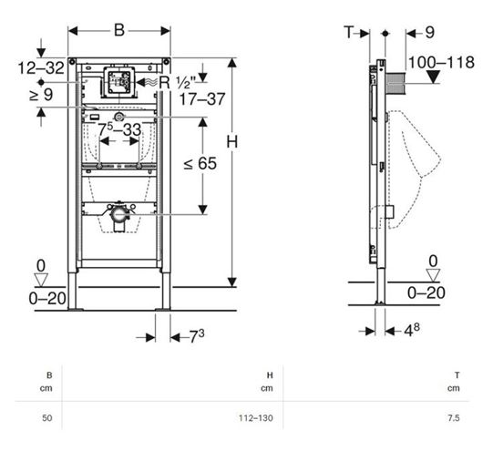 GEBERIT DUOFIX montážny rám pre pisoár 112-130 cm 111.616.00.1 Technický nákres