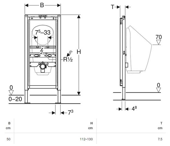 GEBERIT DUOFIX montážny rám pre pisoár 112-130 cm 111.686.00.1 Technický nákres