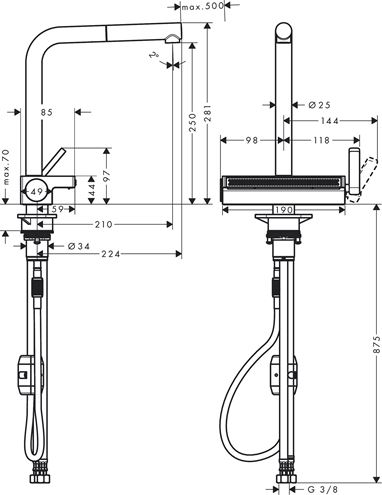 HANSGROHE AQUNO SELECT M81 drezová batéria, s vyťahovacou koncovkou a plochou sprškou, chróm 73836000 Technický nákres