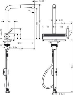 HANSGROHE AQUNO SELECT M81 drezová batéria, s vyťahovacou koncovkou a plochou sprškou, chróm 73836000 Technický nákres