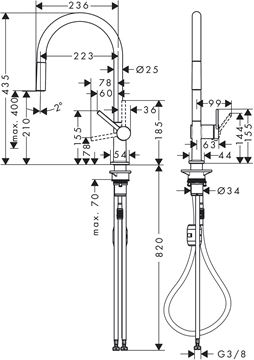 HANSGROHE TALIS M54 drezová batéria, vyťahovacia koncovka, nerez 72802800 Technický nákres
