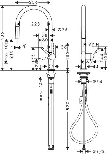 HANSGROHE TALIS M54 drezová batéria, vyťahovacia koncovka, nerez 72802800 Technický nákres