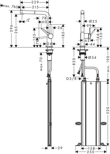 HANSGROHE TALIS M54 drezová batéria, s vyťahovacou koncovkou, sBox, matná čierna 72809670 Technický nákres