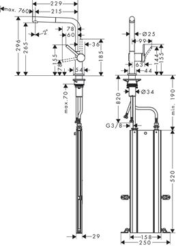 HANSGROHE TALIS M54 drezová batéria, s vyťahovacou koncovkou, sBox, matná čierna 72809670 Technický nákres