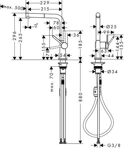 HANSGROHE TALIS M54 drezová batéria, s vyťahovacou koncovkou, nerez 72808800 Technický nákres