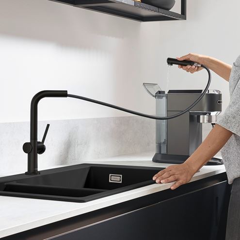 HANSGROHE TALIS M54 drezová batéria, s vyťahovacou koncovkou, EcoSmart, matná čierna 72845670 Obrázek - fotka
