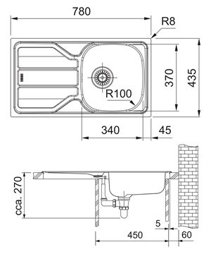 FRANKE FLASH FLN 611-78/44 nerezový drez 780x435 mm, otočný, odkvapkávač 101.0712.172 Technický nákres