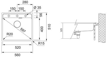 FRANKE MARIS MRG 610-52 RTL fragranitový drez 560x510 mm, onyx 114.0661.385 Technický nákres