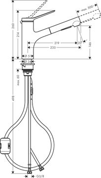 HANSGROHE ZESIS M33 drezová batéria, s vyťahovacou sprškou, chróm 74800000 Technický nákres