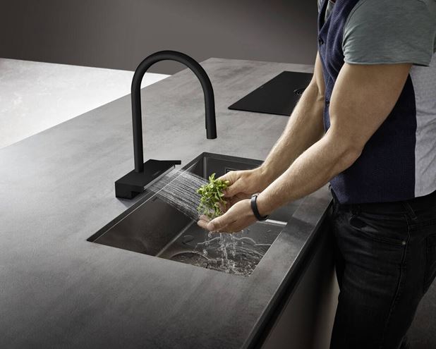 HANSGROHE AQUNO SELECT M81 drezová batéria, s vyťahovacou sprškou a plochým sprchovacím prúdom, sBox, EcoSmart, matná čierna 73831670 Obrázek - fotka