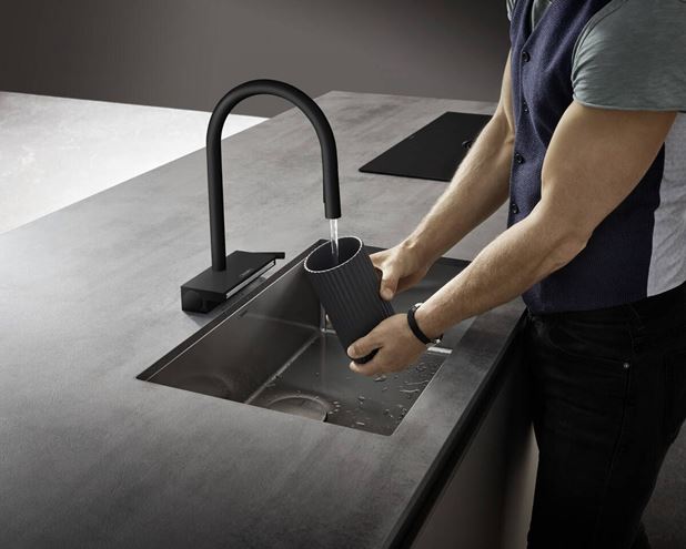 HANSGROHE AQUNO SELECT M81 drezová batéria, s vyťahovacou sprškou a plochým sprchovacím prúdom, sBox, EcoSmart, matná čierna 73831670 Obrázek - fotka