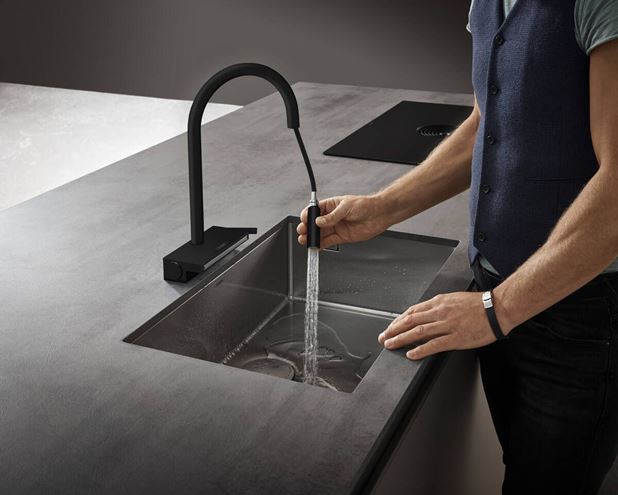 HANSGROHE AQUNO SELECT M81 drezová batéria, s vyťahovacou sprškou a plochým sprchovacím prúdom, sBox, EcoSmart, matná čierna 73831670 Obrázek - fotka
