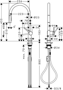 HANSGROHE TALIS M54 drezová batéria, s vyťahovacou sprškou, kartáčovaný čierny chróm 72800340 Technický nákres