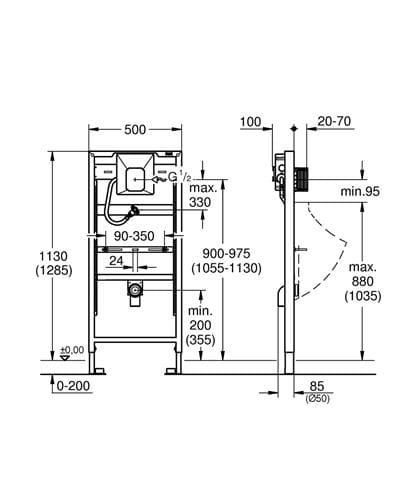 GROHE RAPID SL montážny rám pre pisoár 113 cm a 130 cm 38786001 Technický nákres