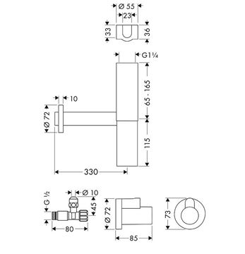 HANSGROHE FLOWESTAR dizajnová sada sifónu k umývadlu s rohovými ventilmi, DN32, s prevlečnou maticou 5/4, chróm 52120000 Technický nákres