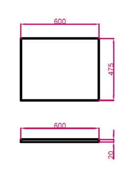 TECHNISTONE MODULAR doska pod umývadlo 60x47,5x2 cm, Crystal Cal Silva L 20 LE160 BPCS2006L Technický nákres