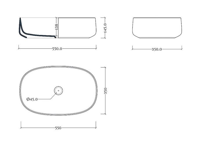 ARTCERAM COGNAC umývadlová misa 55 cm, bez prepadu, Saniglaze COL003 01,34 Technický nákres