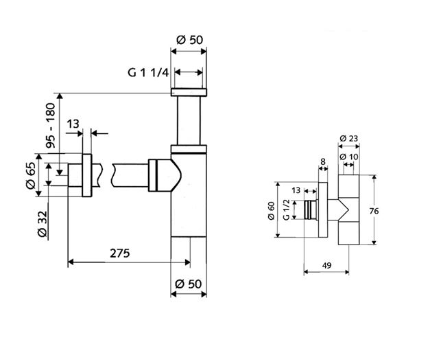 SCHELL EDITION dizajnová sada sifónu k umývadlu s rohovými ventilmi, DN32, s prevlečnou maticou 5/4, chróm 053210699 Technický nákres
