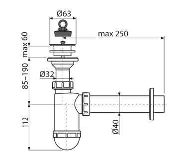 CONCEPT sifón k umývadlu DN40, s výpustom PT10042 Technický nákres