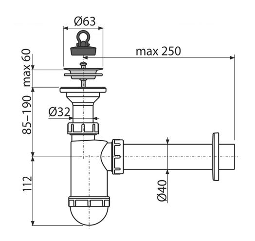 CONCEPT sifón k umývadlu DN40, s výpustom PT10041 Technický nákres