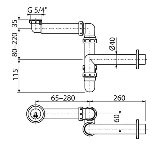 CONCEPT nábytkový sifón k umývadlu DN40, s prevlečnou maticou 5/4 PT100434 Technický nákres
