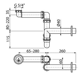 CONCEPT nábytkový sifón k umývadlu DN40, s prevlečnou maticou 5/4 PT100434 Technický nákres