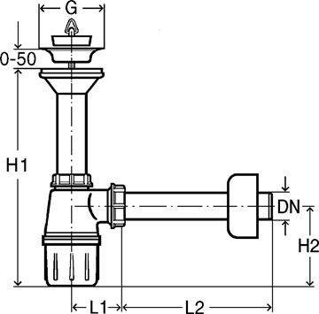 VIEGA 5726 sifón k umývadlu DN40, s prevlečnou maticou 5/4 a výpustom 309312 Technický nákres
