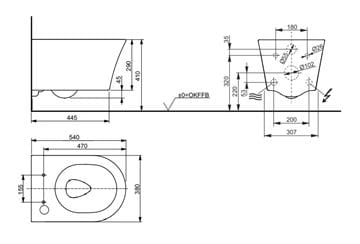 CONCEPT 100 závesné WC pre bidetové sedadlo TOTO WASHLET RG LITE, Tornado Flush splachovanie 553EY-CON-WC-G Technický nákres
