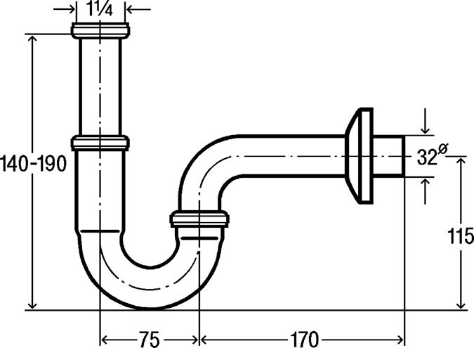 VIEGA 5611 dizajnový umývadlový sifón DN32, s prevlečnou maticou 5/4, chróm 305611 Technický nákres