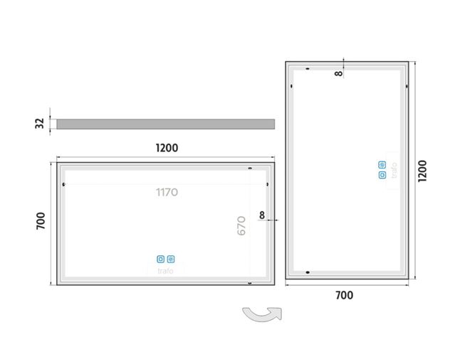 NIMCO ZP 13000 zrkadlo 120x70 cm, reverzibilné, s osvetlením, s reguláciou stmievania a teploty svetla, s dvoma senzormi ZP 13006VX Technický nákres