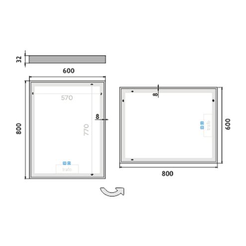 NIMCO ZP 13000 zrkadlo 60x80 cm, reverzibilné, s osvetlením, s reguláciou stmievania a teploty svetla, s dvoma senzormi ZP 13002VX Technický nákres