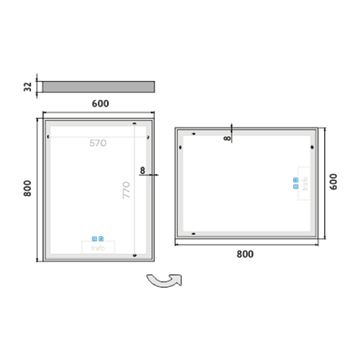 NIMCO ZP 13000 zrkadlo 60x80 cm, reverzibilné, s osvetlením, s reguláciou stmievania a teploty svetla, s dvoma senzormi ZP 13002VX Technický nákres
