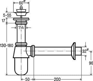 VIEGA 5755 dizajnový sifón k umývadlu DN32, s prevlečnou maticou 5/4 a výpustom, chróm 366681 Technický nákres