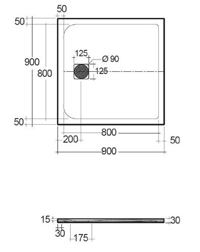 CONCEPT 200 sprchová vanička 90x90 cm, liaty mramor, samonosná, mat light dove grey 09DW09O2-81 Technický nákres