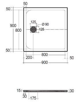 CONCEPT 200 sprchová vanička 90x90 cm, liaty mramor, samonosná, mat light dove grey 09DW09O2-81 Technický nákres