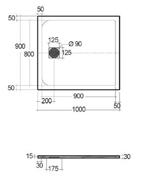 CONCEPT 200 sprchová vanička 90x100 cm, liaty mramor, samonosná, mat light dove grey 09DW08O2-81 Technický nákres