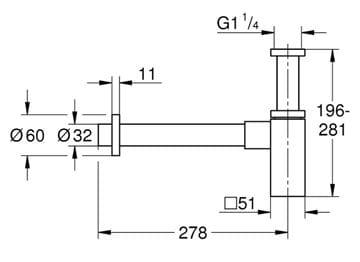 GROHE dizajnový sifón k umývadlu DN32, s prevlečnou maticou 5/4, chróm 40564000 Technický nákres