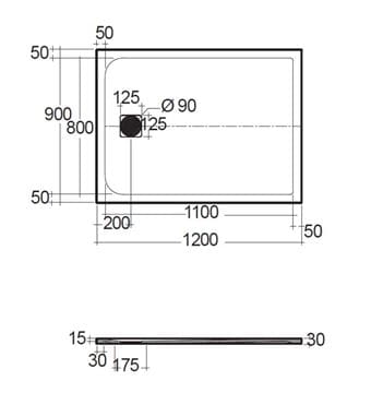 CONCEPT 200 sprchová vanička 90x120 cm, liaty mramor, samonosná, mat light dove grey 09DW07O2-81 Technický nákres