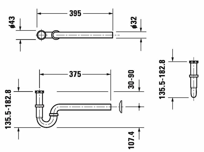 DURAVIT dizajnový sifón k umývadlu DN32, s prevlečnou maticou 5/4, chróm 0050260000 Technický nákres