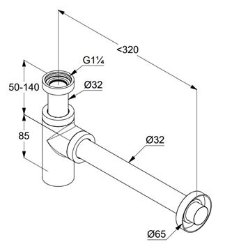 KLUDI dizajnový sifón k umývadlu DN32, s prevlečnou maticou 5/4", chróm 1002005-00 Technický nákres