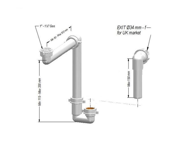 IDEAL STANDARD nábytkový sifón k umývadlu DN32, s prevlečnou maticou 5/4 EE23033967 Technický nákres