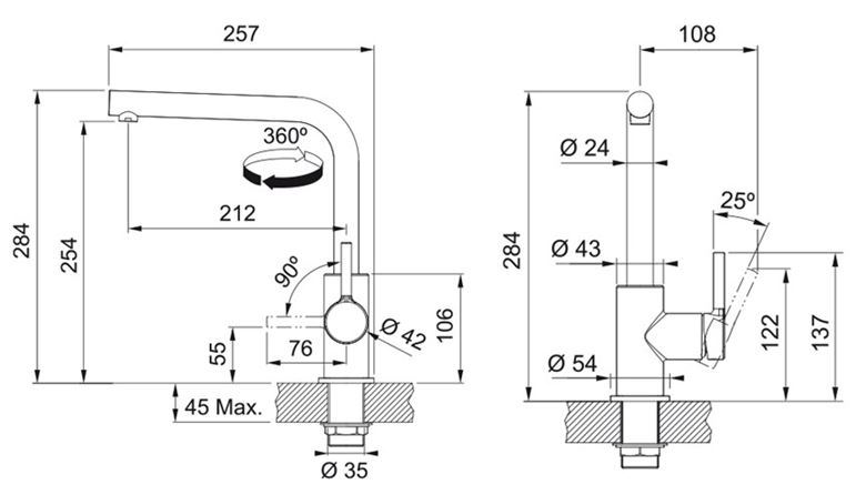 FRANKE FS 3230 LINA SMART drezová batéria, chróm 115.0693.230 Technický nákres