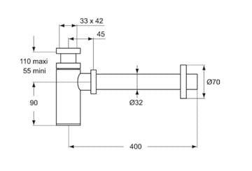 IDEAL STANDARD dizajnový sifón k umývadlu DN32, s prevlečnou maticou 5/4, chróm D5859AA Technický nákres