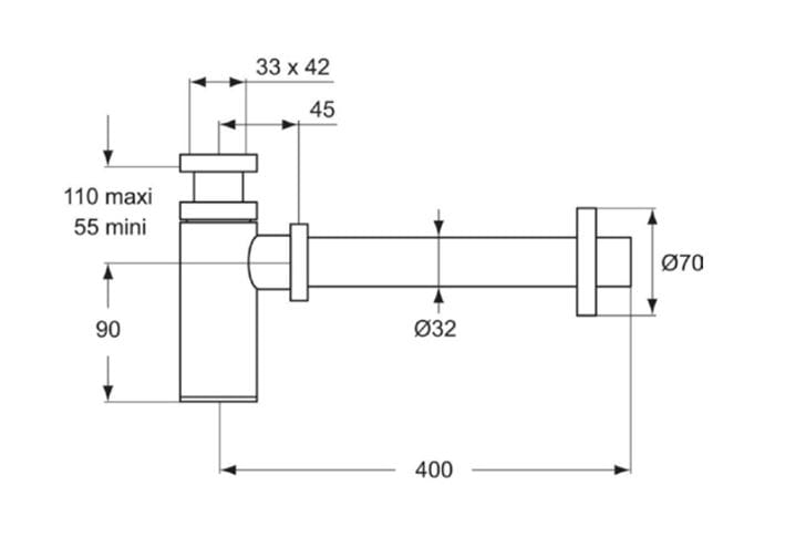 IDEAL STANDARD dizajnový sifón k umývadlu DN32, s prevlečnou maticou 5/4, chróm D5859AA Technický nákres