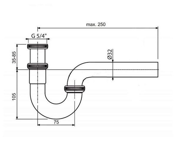 IDEAL STANDARD dizajnový sifón k umývadlu DN32, s prevlečnou maticou 5/4, chróm A2305AA Technický nákres