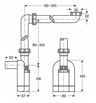 LAUFEN SPACE SAVING nábytkový sifón k umývadlu DN32, s prevlečnou maticou 5/4 H8942500000001 Technický nákres