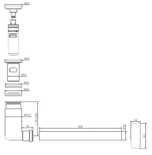 VILLEROY & BOCH sifón k umývadlu DN32, s výpustom 92198800 Technický nákres