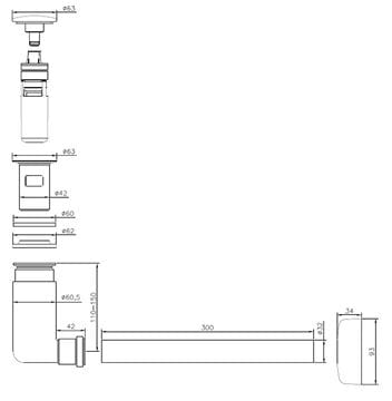 VILLEROY & BOCH sifón k umývadlu DN32, s výpustom 92198800 Technický nákres